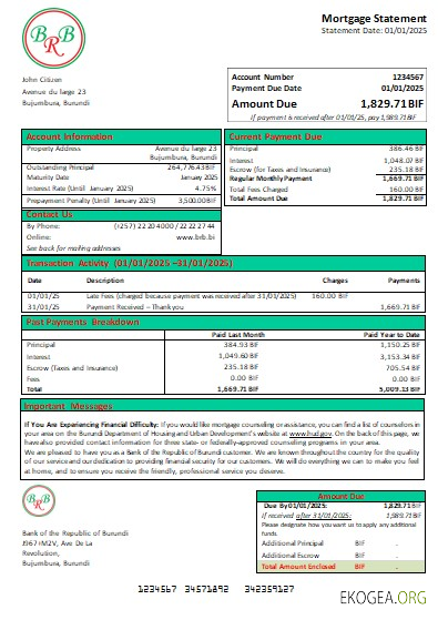 Burundi Banque de la République du Burundi relevé hypothécaire bancaire scr